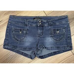 L.e.i. Ashley Lowrise Mini Shorts Juniors 15 Blue Denim Hot Pants Cuffed Stretch